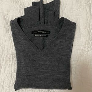 Allsaints Grey 100% Merino Wool V-Neck Sweater with Drape Back